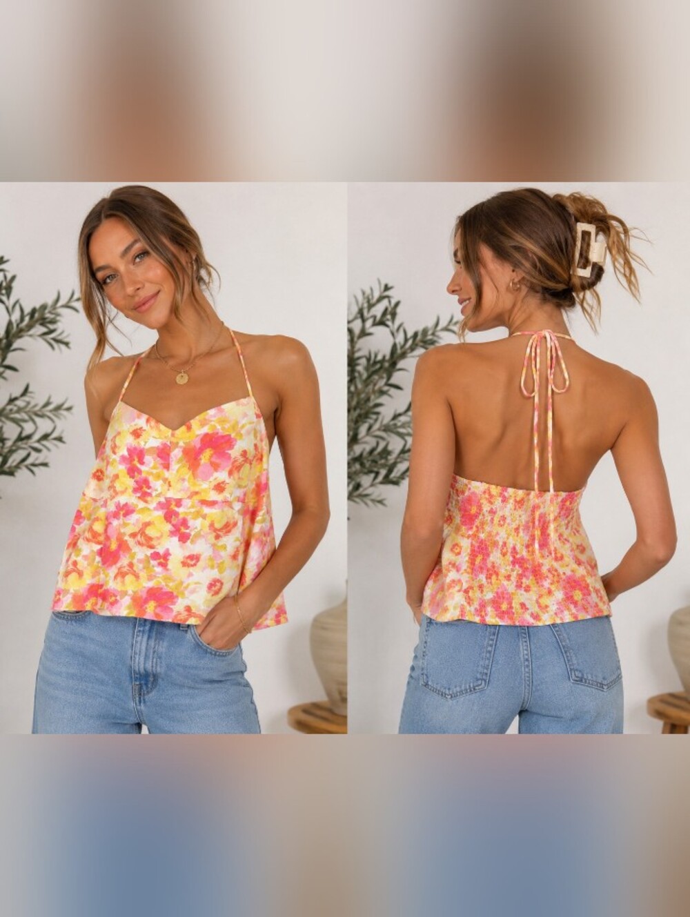 old navy floral halter top xl pink yellow smocked y2k boho linen blend camisole
